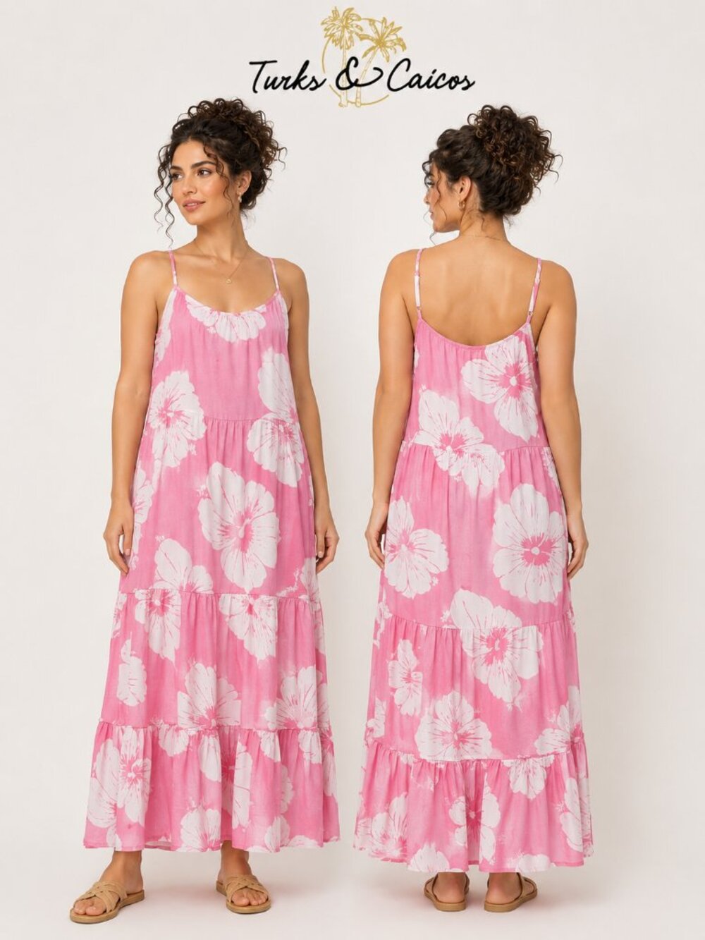 Turks & Caicos Pink Floral Cotton Tiered Maxi Dress Terra LMD8469 Size M NWT